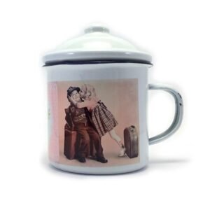Taza vintage metálica personalizada con fotos con tapa